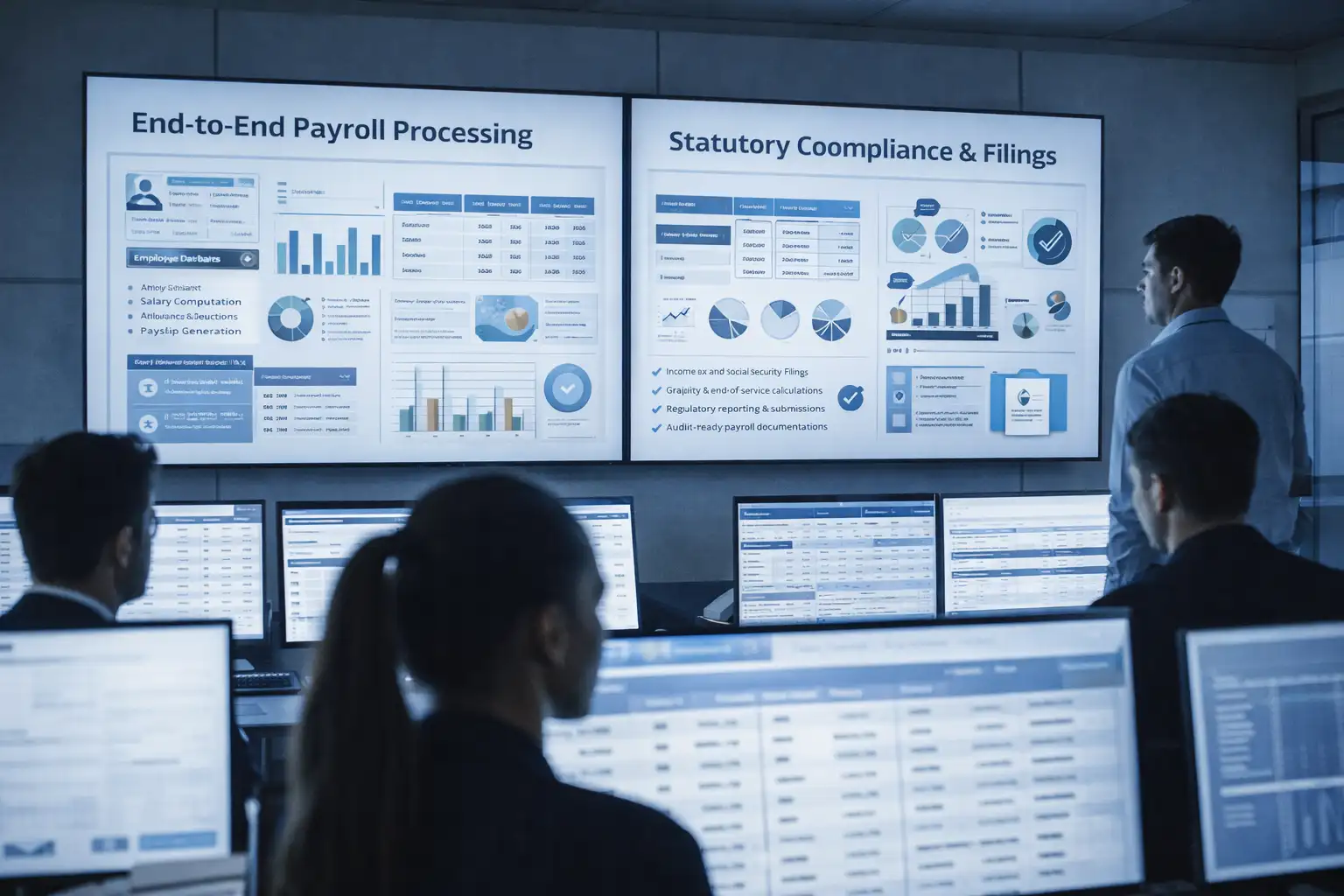 Structured payroll systems, compliance reporting, and payroll control processes